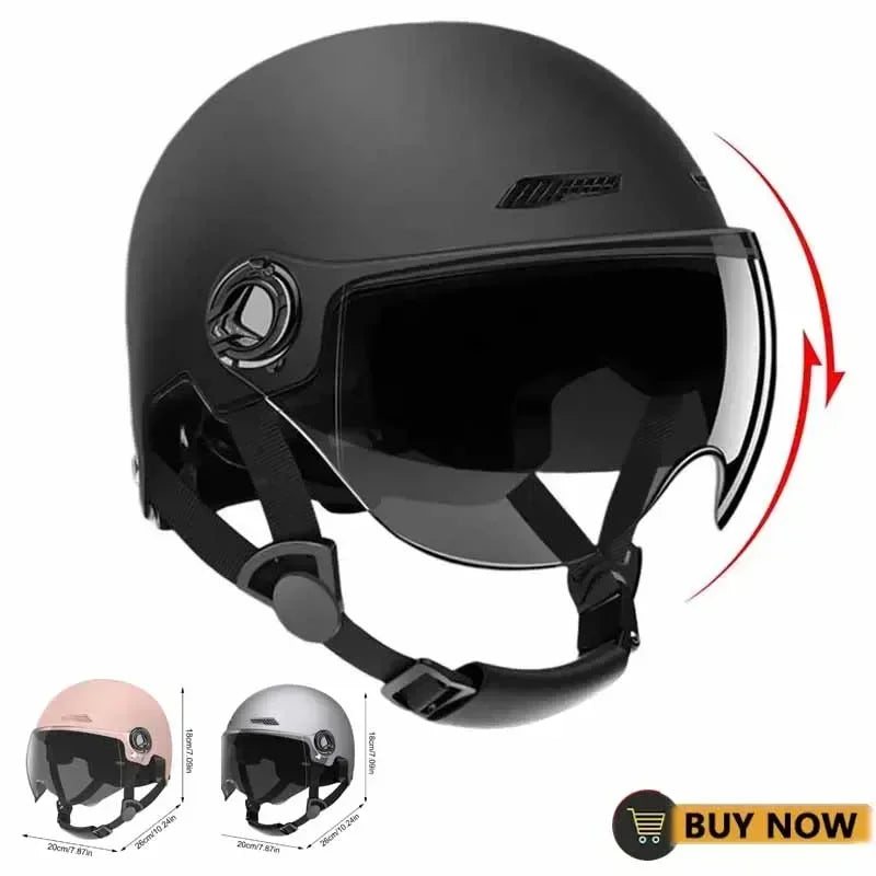 Matte black motorcycle helmet with adjustable visor for men and women. Classic retro scooter design with ultralight cycling construction suitable for MTB bike and bicycle riding.