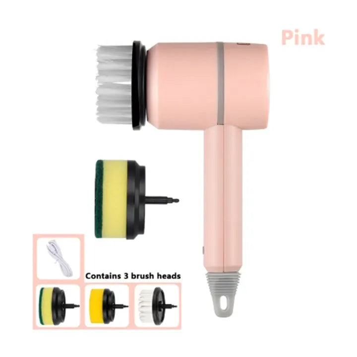 Compact, portable electric cleaning brush with multi-functional attachments for household chores. Features a sleek pink design and USB rechargeable power source for convenient use around the home.