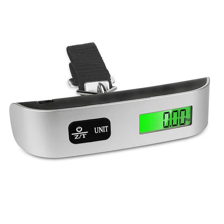 Compact digital luggage scale with LCD display. Sleek silver tone body with black strap. Portable and lightweight design for easy travel weighing of suitcases and bags. Accurate measurement up to 110lb/50kg.