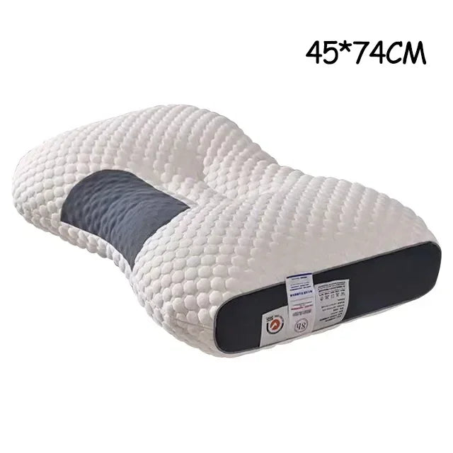 Ergonomic cervical orthopedic neck pillow in white with textured soybean fiber design, providing sleep support and massage for the neck area.