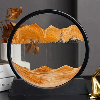 Mesmerizing 3D moving sand art picture with swirling golden hues and flowing patterns, encased in a round glass globe, creating a captivating office or home decoration.