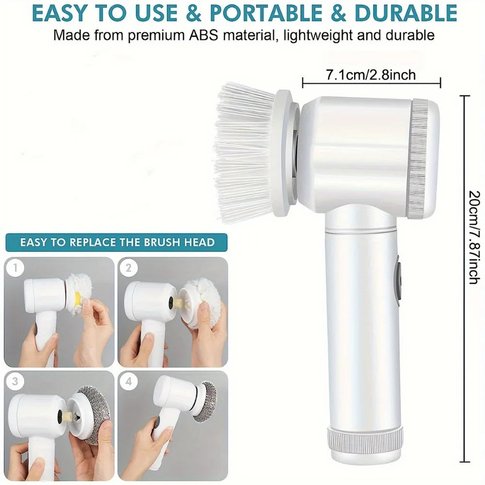 Electric Spin Scrubber With 5 Replaceable Brush Heads. Premium ABS material, lightweight and durable for easy bathroom cleaning.