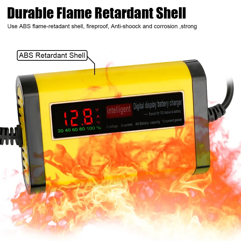 Durable flame retardant shell: Automatic car battery charger with digital LCD display, 2A fast charging, and 3-stage lead-acid, AGM, and GEL battery compatibility.