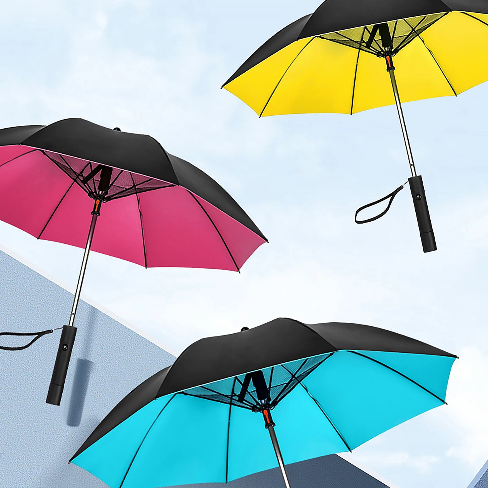 Vibrant Umbrellas: Portable, UV-Protective Umbrellas with Rechargeable Fan