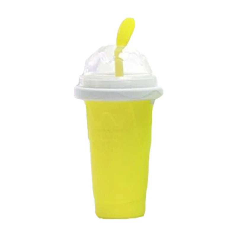 Colorful slushy maker cup with transparent dome lid and yellow straw, ideal for homemade quick-frozen ice cream and milkshakes.