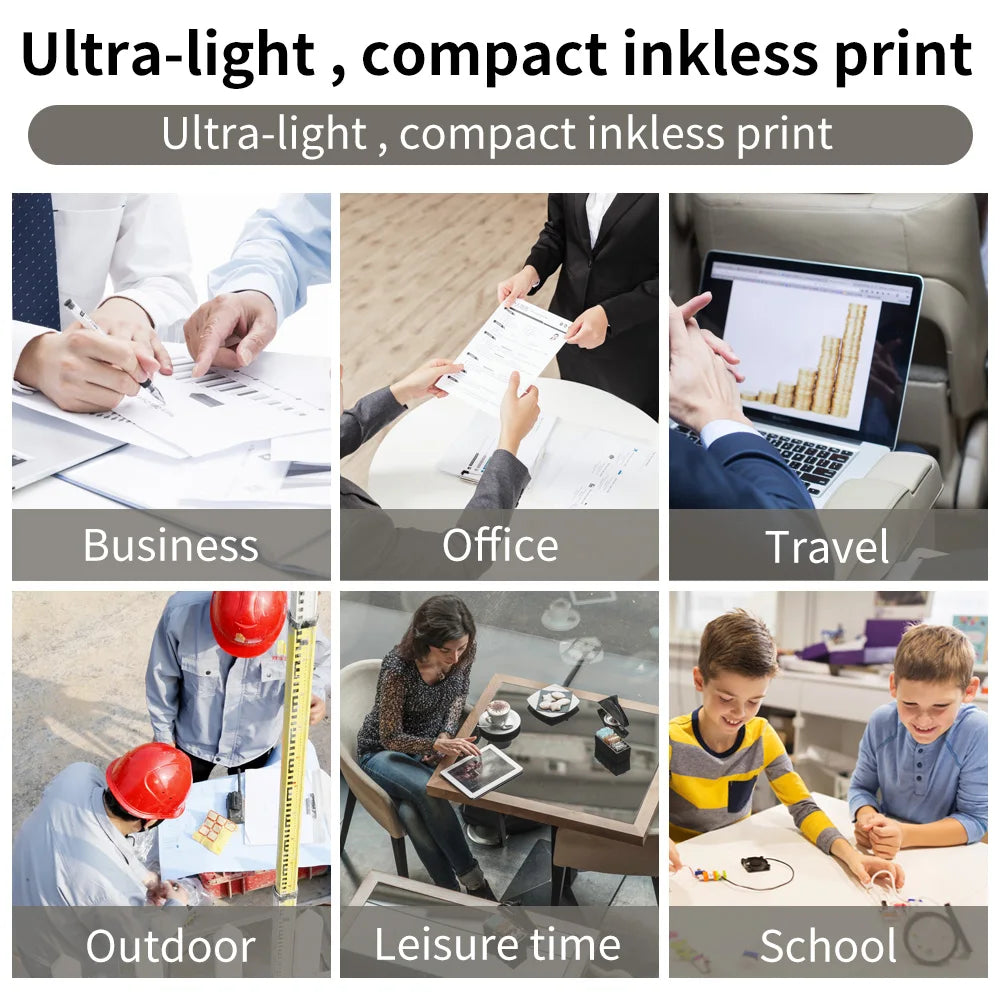 Ultra-light, compact inkless portable thermal printer for versatile use in business, office, travel, outdoor, leisure, and school settings.