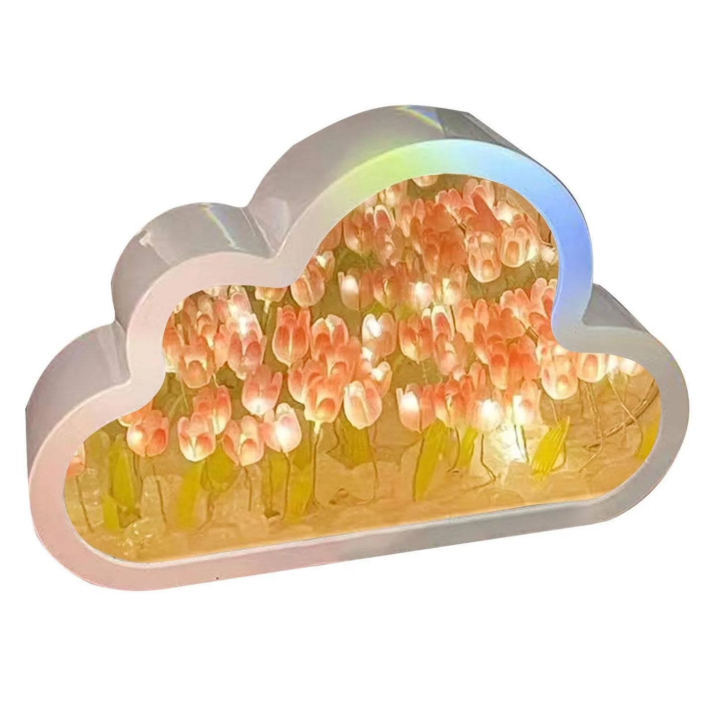 Cloud-shaped LED night light with tulip ornaments and mirror table lamps, providing decorative lighting for the bedroom.
