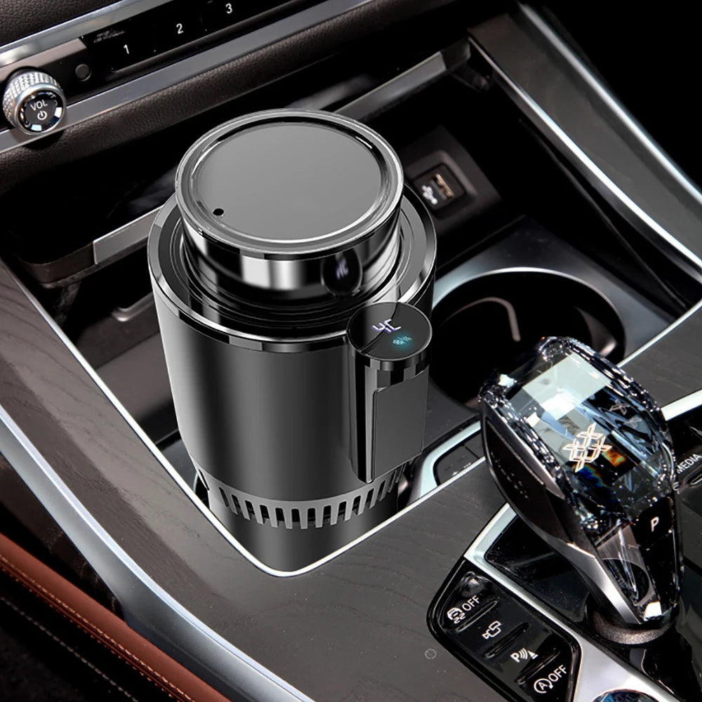 Sleek and functional car cup holder with temperature control. The metallic cup holder features a digital display and touch screen controls, allowing the user to easily heat or cool their beverage while on the go. The compact design seamlessly integrates into the car's center console, providing a convenient and practical accessory for drivers and passengers.