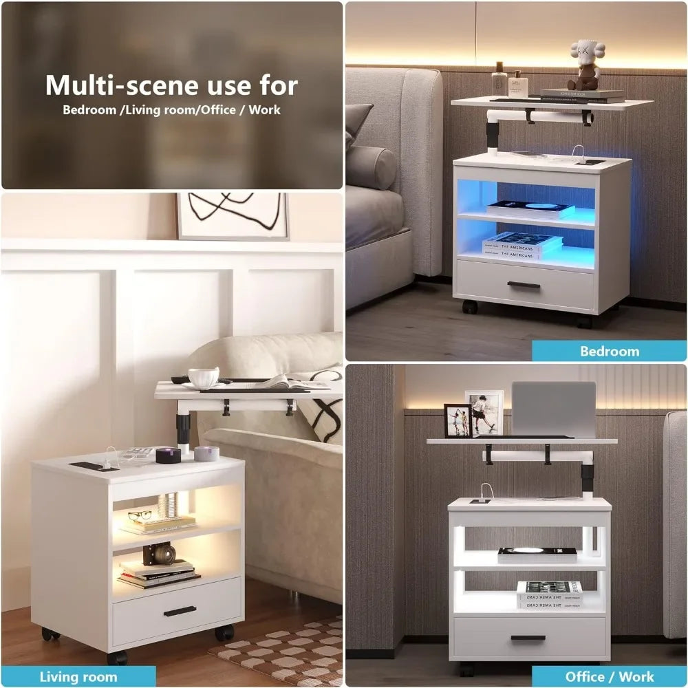 Modern multi-purpose nightstand with storage compartments and lighting for use in bedroom, living room, office, or work areas.