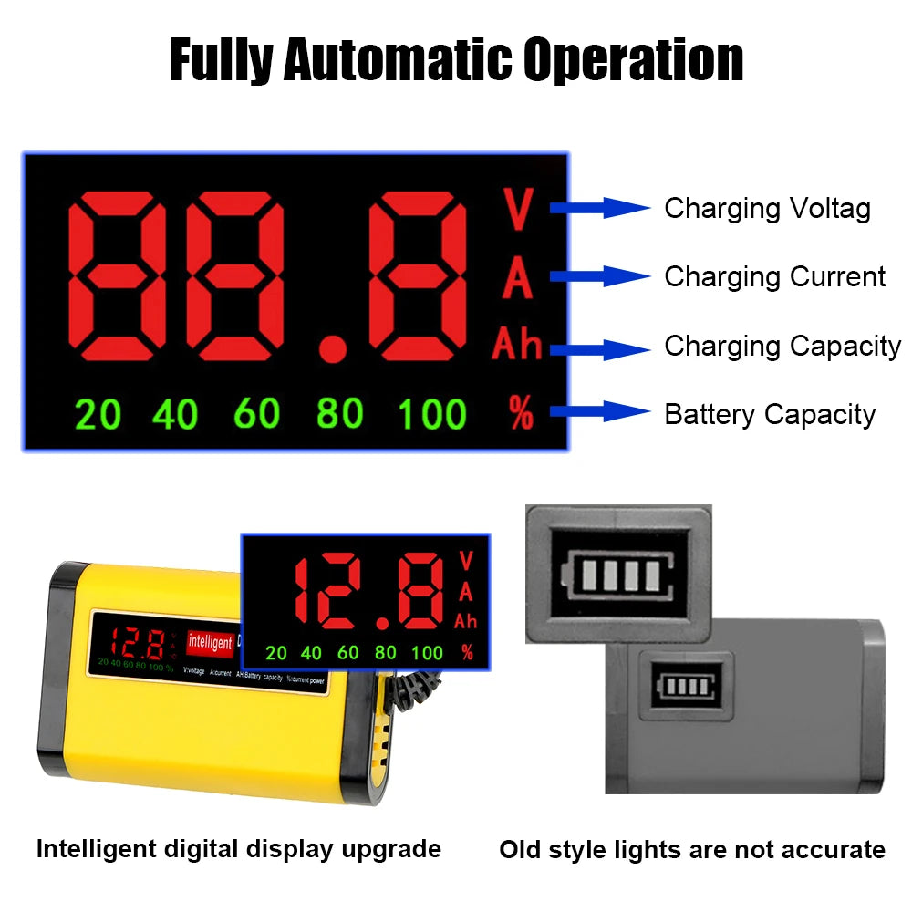 Automatic Car Battery Charger with Digital LCD Display. Provides charging voltage, current, capacity and battery status. Fully automatic operation for lead-acid, AGM and GEL batteries.