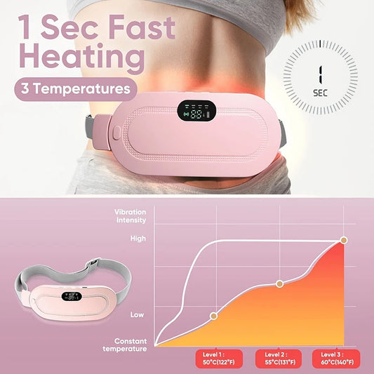 Portable electric menstrual heating pad with 3 temperature settings, vibration intensity control, and rapid 1-second heating for period cramps relief.